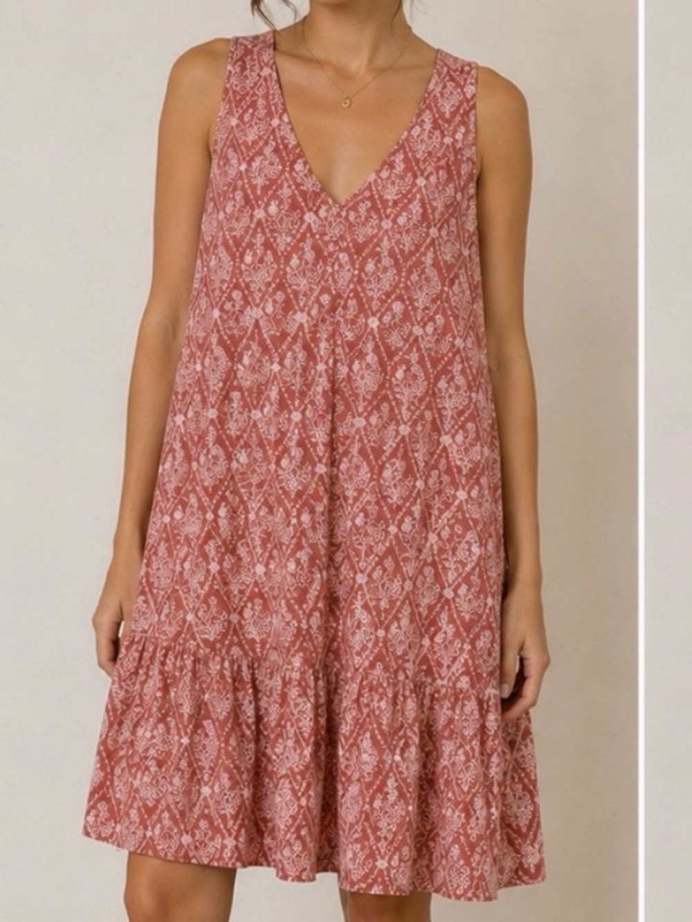 Sincerely Jules Rust-Tone Printed V-Neck Ruffle Hem Mini Dress